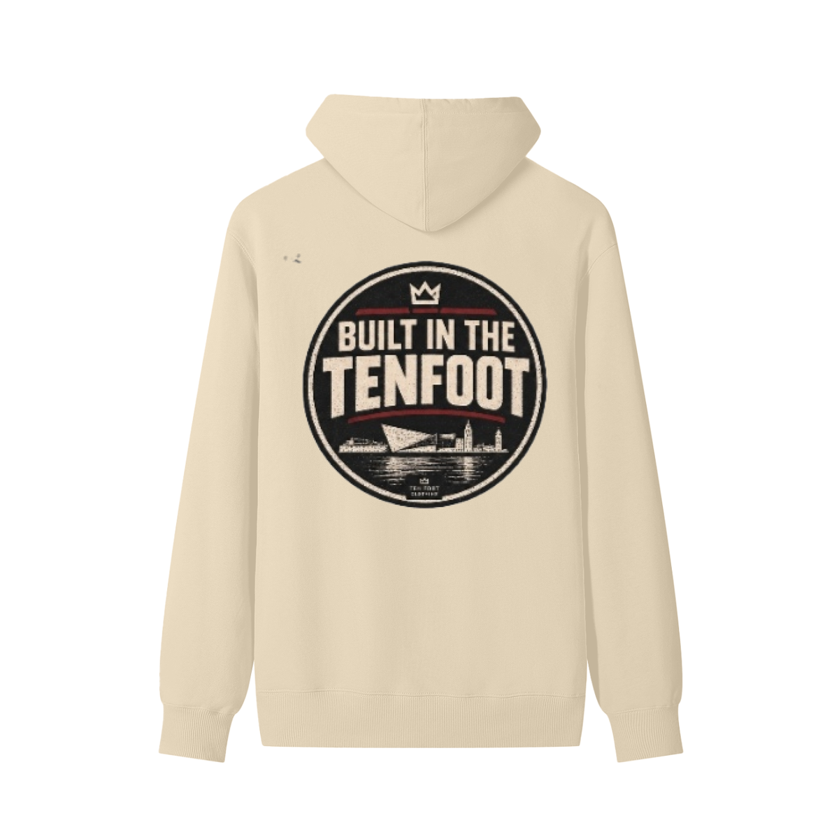 Unisex cotton hoodie, cream, back view with large "BUILT IN THE TENFOUT" logo.