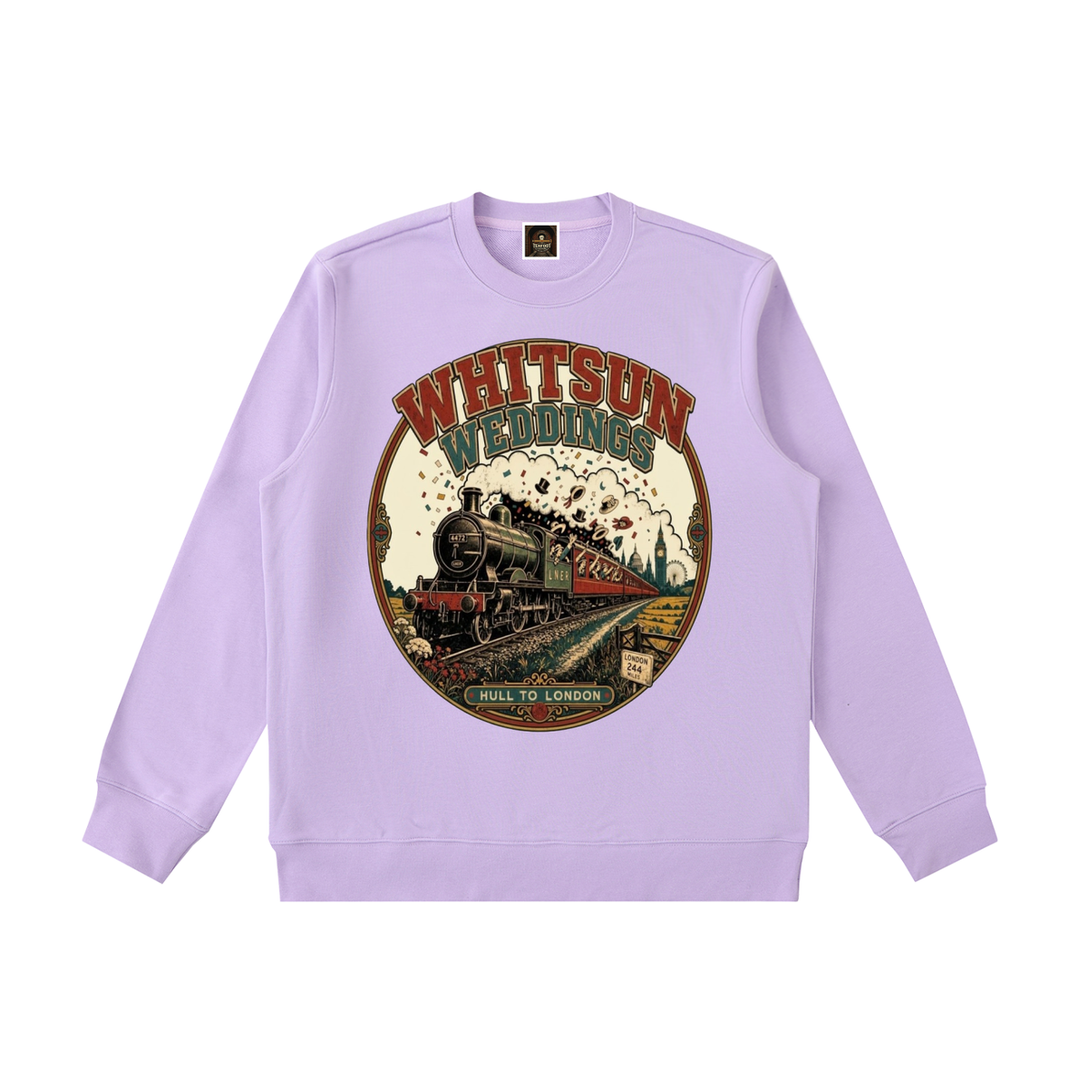 Lavender crewneck sweatshirt with front WHITSUN WEDDINGS train graphic