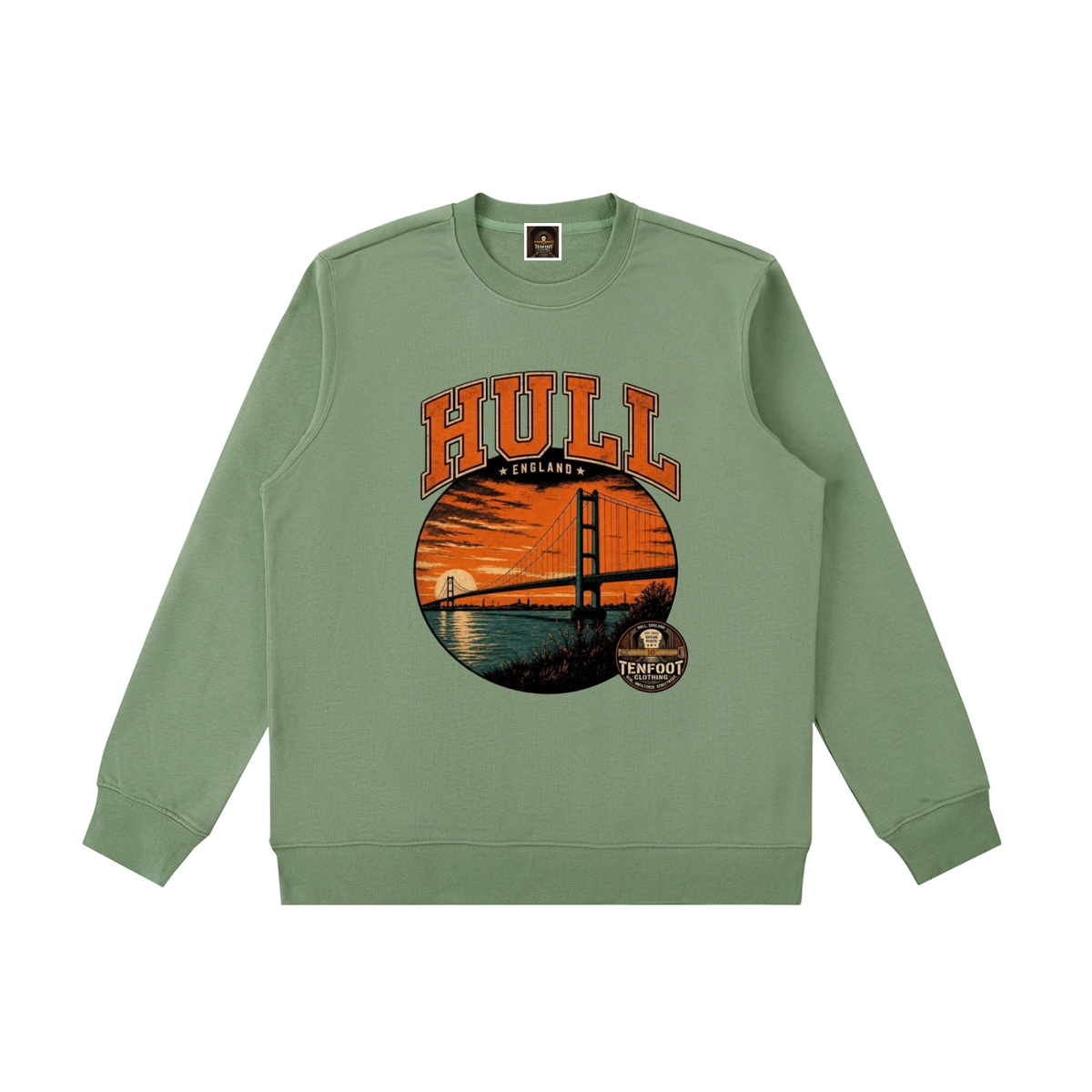 Olive green heavyweight crewneck sweatshirt with HULL graphic on front