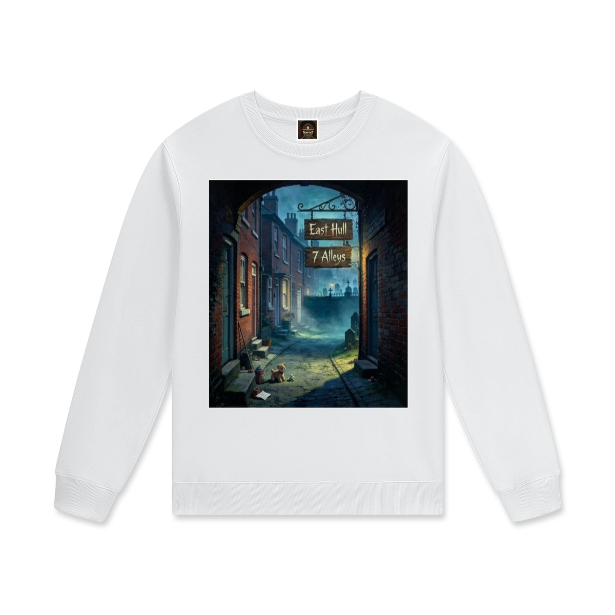 Unisex cotton pullover in white with front square city graphic print