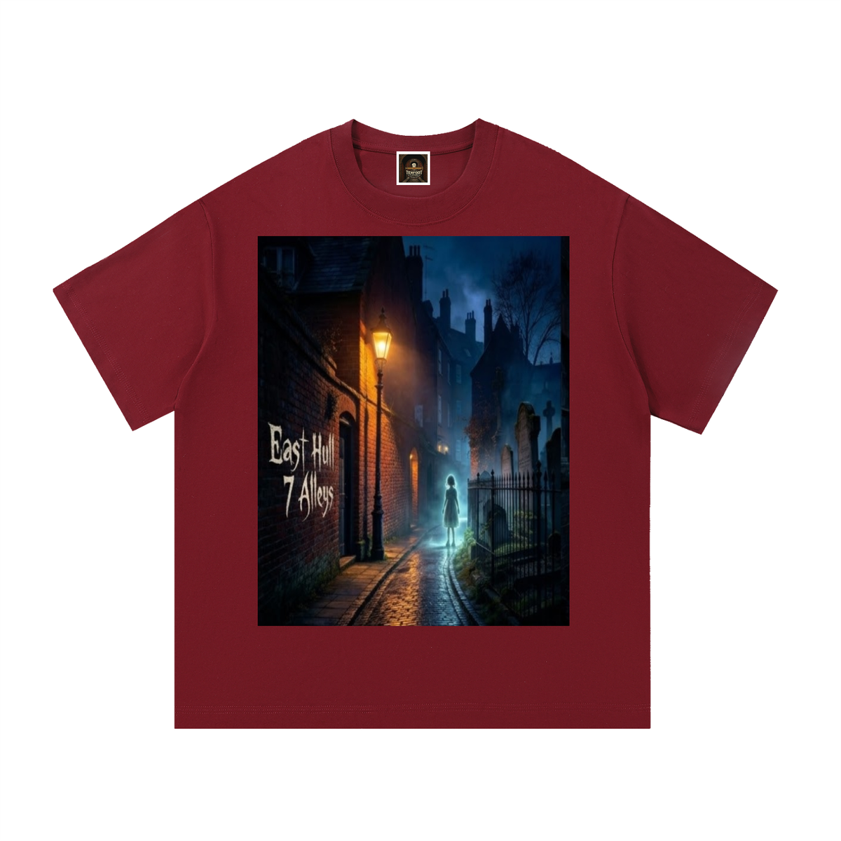 Wine red cotton crew-neck T-shirt with centered night city graphic print