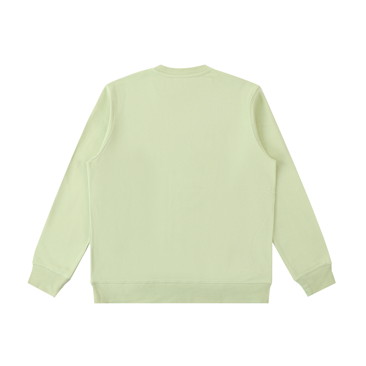 Light green crewneck sweatshirt, back view without graphic, long sleeves, ribbed hem