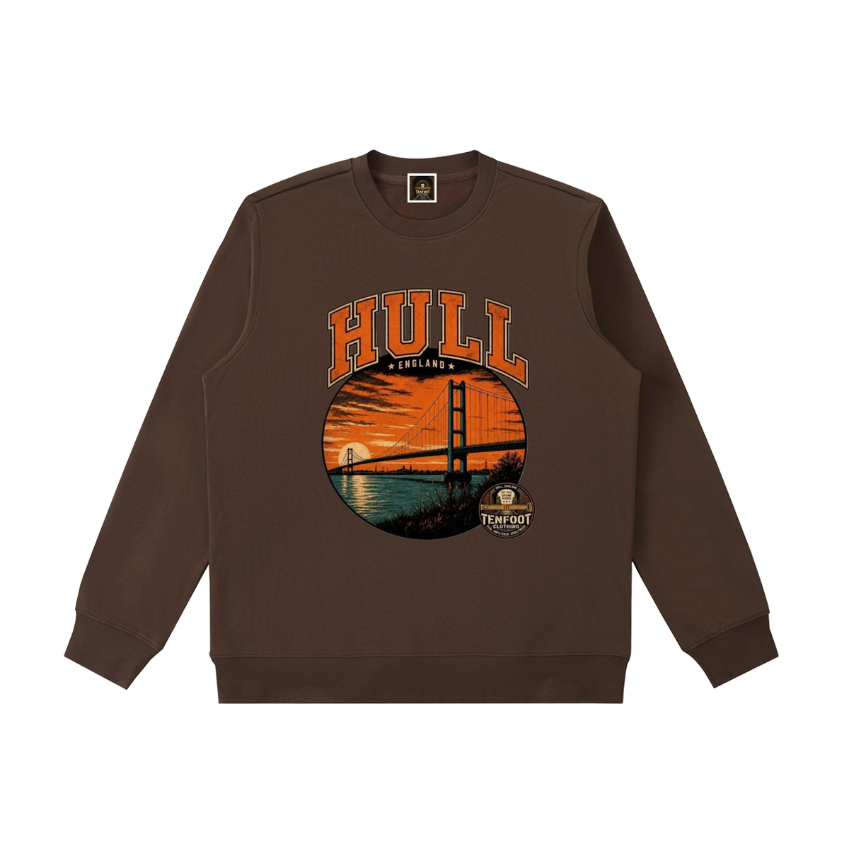 Heavyweight crewneck sweatshirt in brown with circular Hull bridge graphic on chest