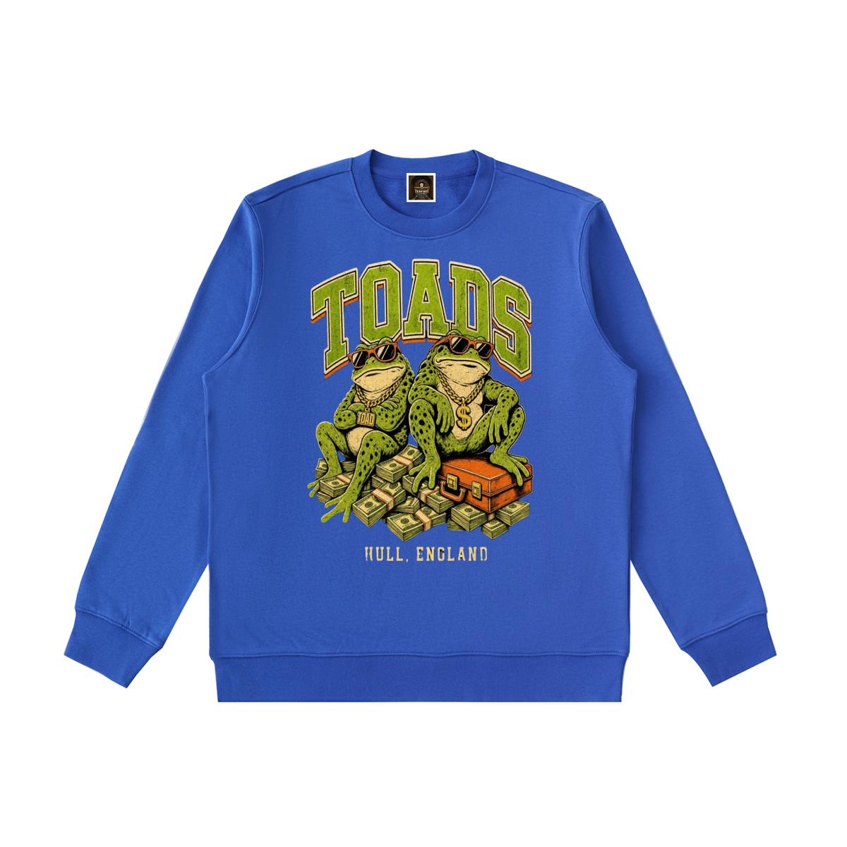 Heavyweight crewneck sweatshirt, blue, front with TOADS graphic and FULL ENGLAND text