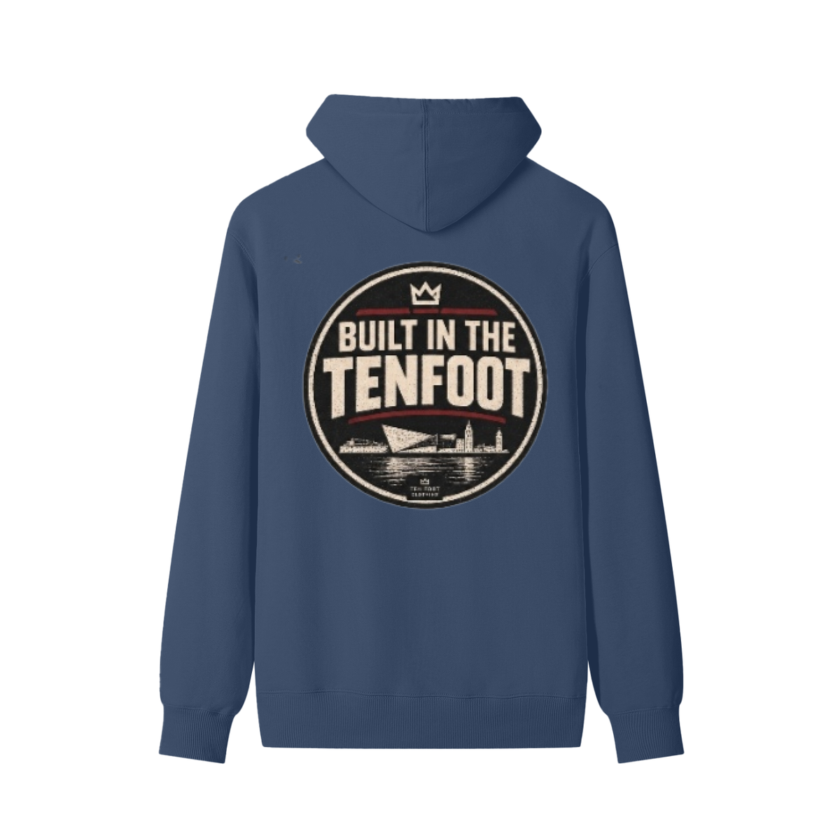 Unisex cotton hoodie in blue with large chest logo print and drawstring hood