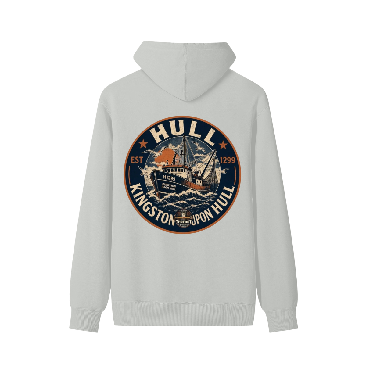 Unisex cotton hoodie with front kangaroo pocket, drawstring hood, large back logo print.