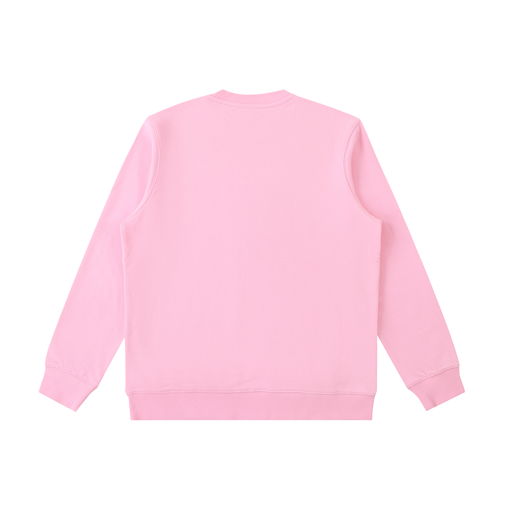 Pink crewneck sweatshirt, back view with ribbed cuffs and crew neck