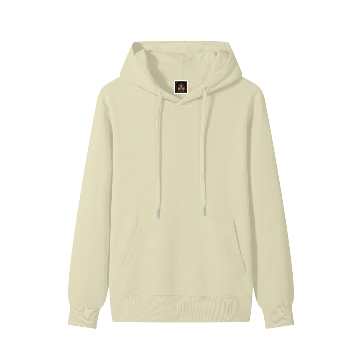 Unisex cotton hoodie in khaki/cream, front hood with drawstrings and kangaroo pocket