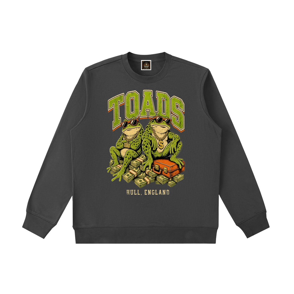 Heavyweight crewneck sweatshirt, black, front with TOADS graphic and FULL ENGLAND text