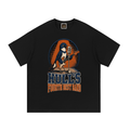 Black cotton T-shirt with front band graphic and logo lettering