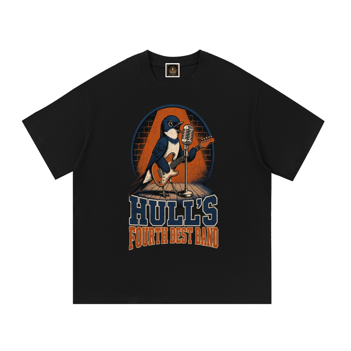 Black cotton T-shirt with front band graphic and logo lettering