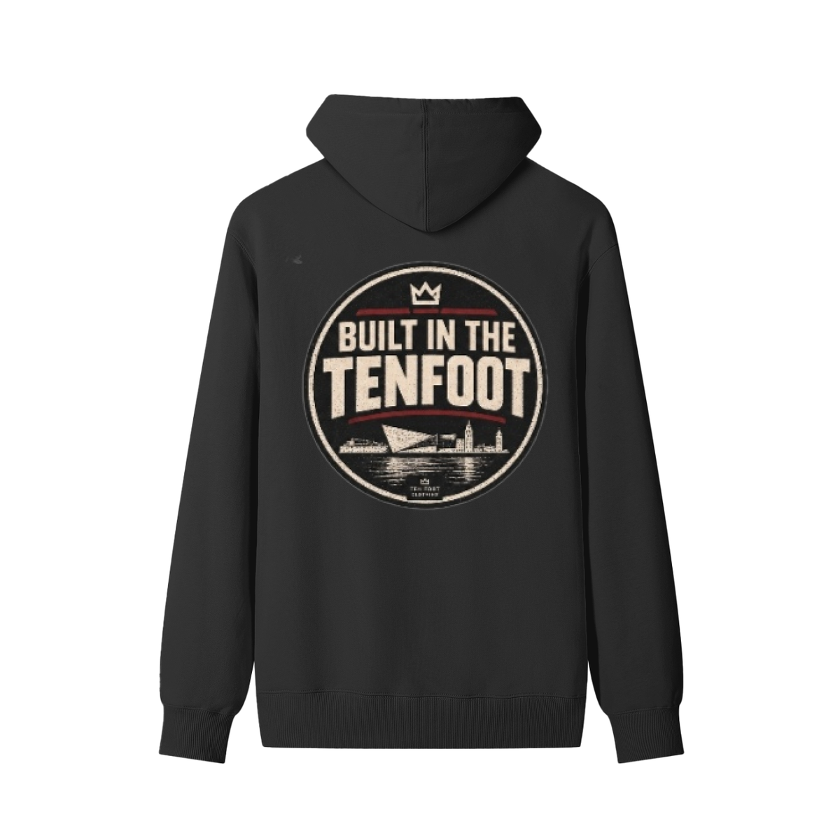 Unisex cotton hoodie, dark charcoal, back view with large "BUILT IN THE TENFOUT" logo.