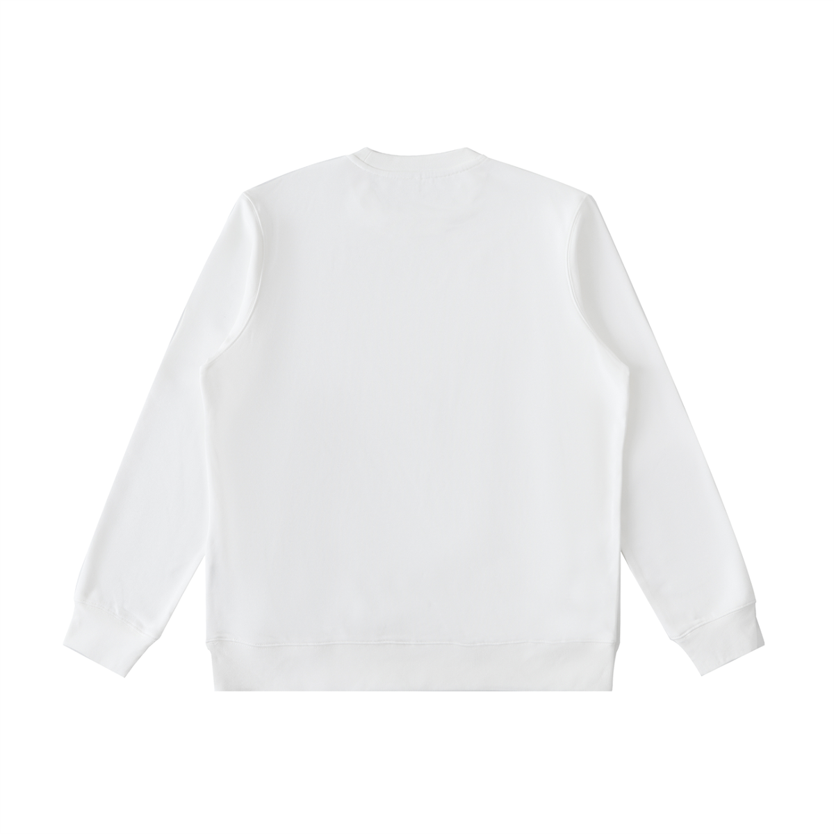 White heavyweight crewneck sweatshirt, plain back view with ribbed cuffs and hem
