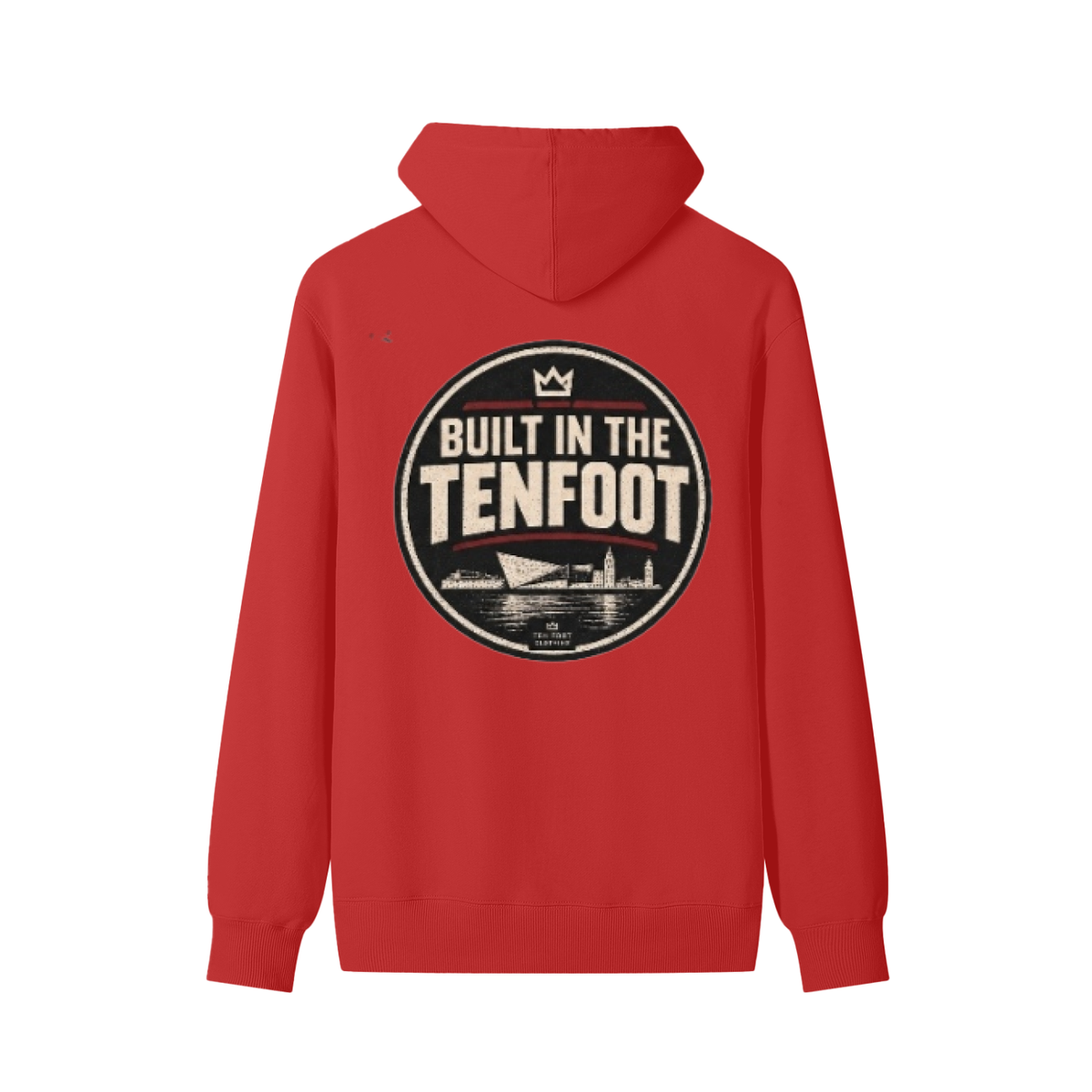Unisex cotton hoodie in red with large chest logo print and drawstring hood