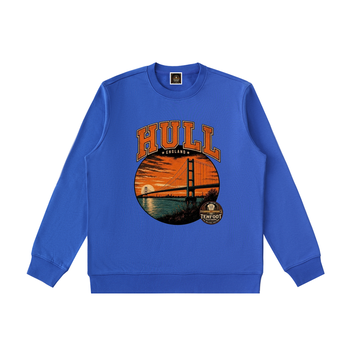 Heavyweight crewneck sweatshirt, royal blue, front graphic with HULL and bridge