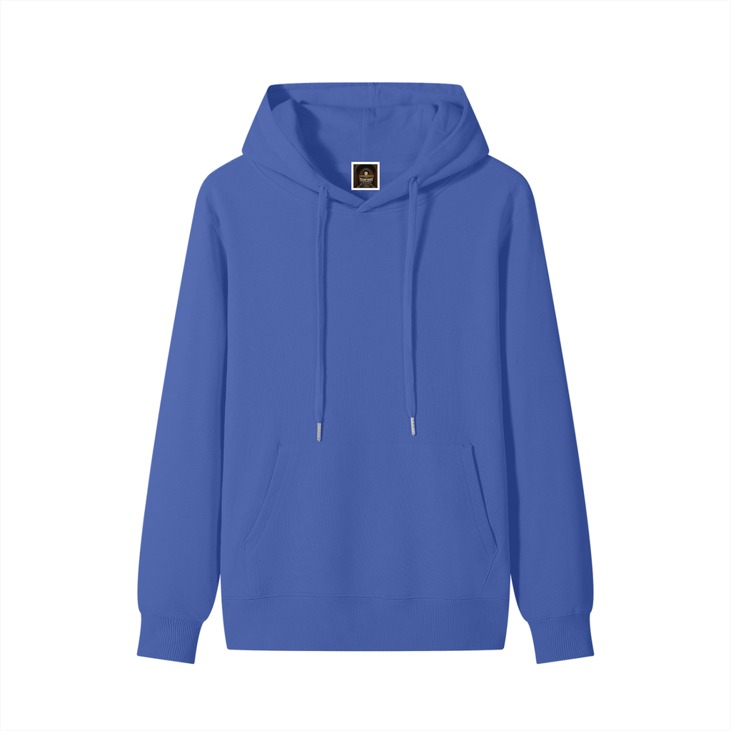 Blue unisex cotton hoodie with front pouch pocket and drawstring hood