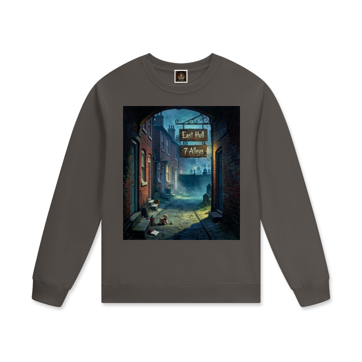 Unisex cotton pullover in dark gray with front square city graphic print