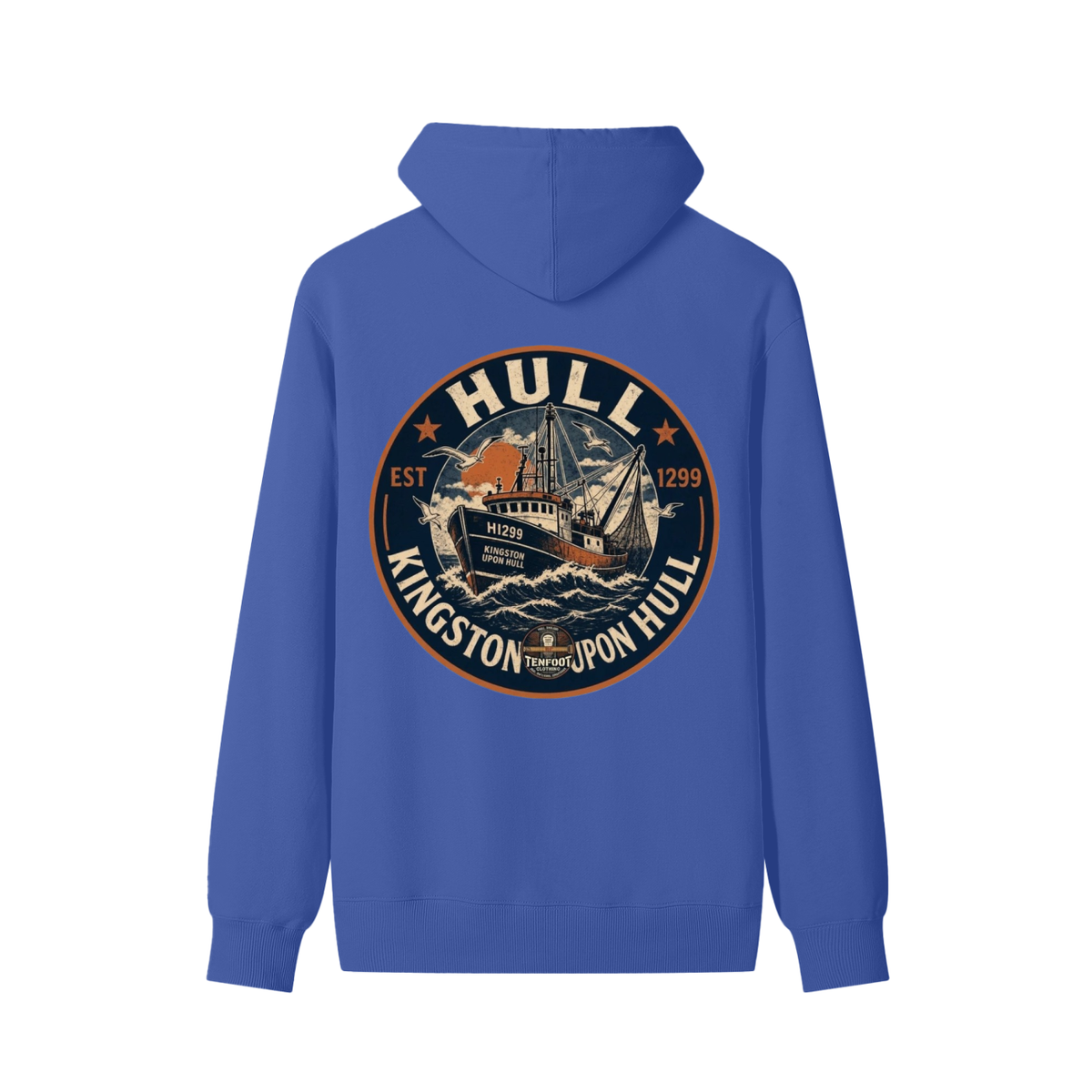 Unisex cotton hoodie with front kangaroo pocket, drawstring hood, large circular back logo.