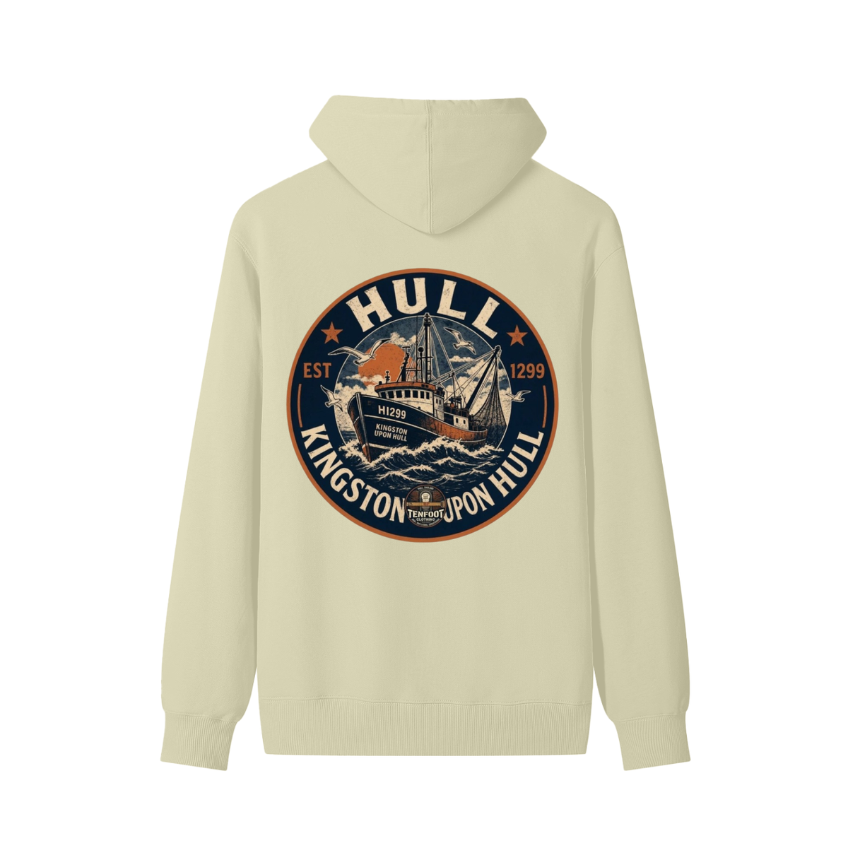 Unisex cotton hoodie with front kangaroo pocket, drawstring hood, large circular back logo.