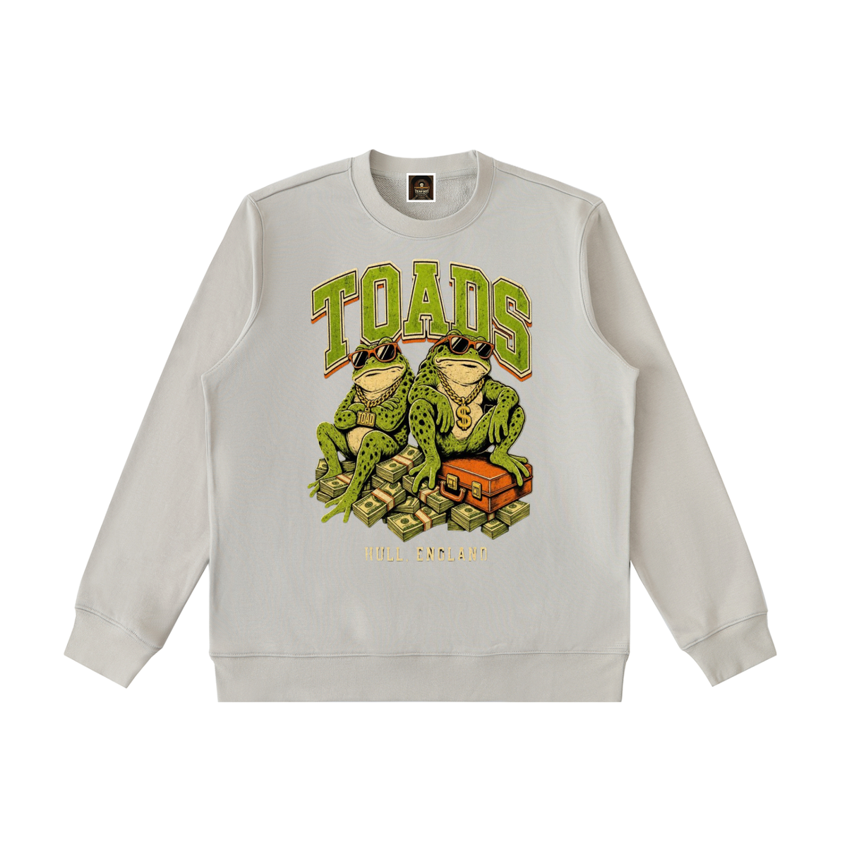Light gray heavyweight crewneck sweatshirt with colorful TOADS graphic and Full England text