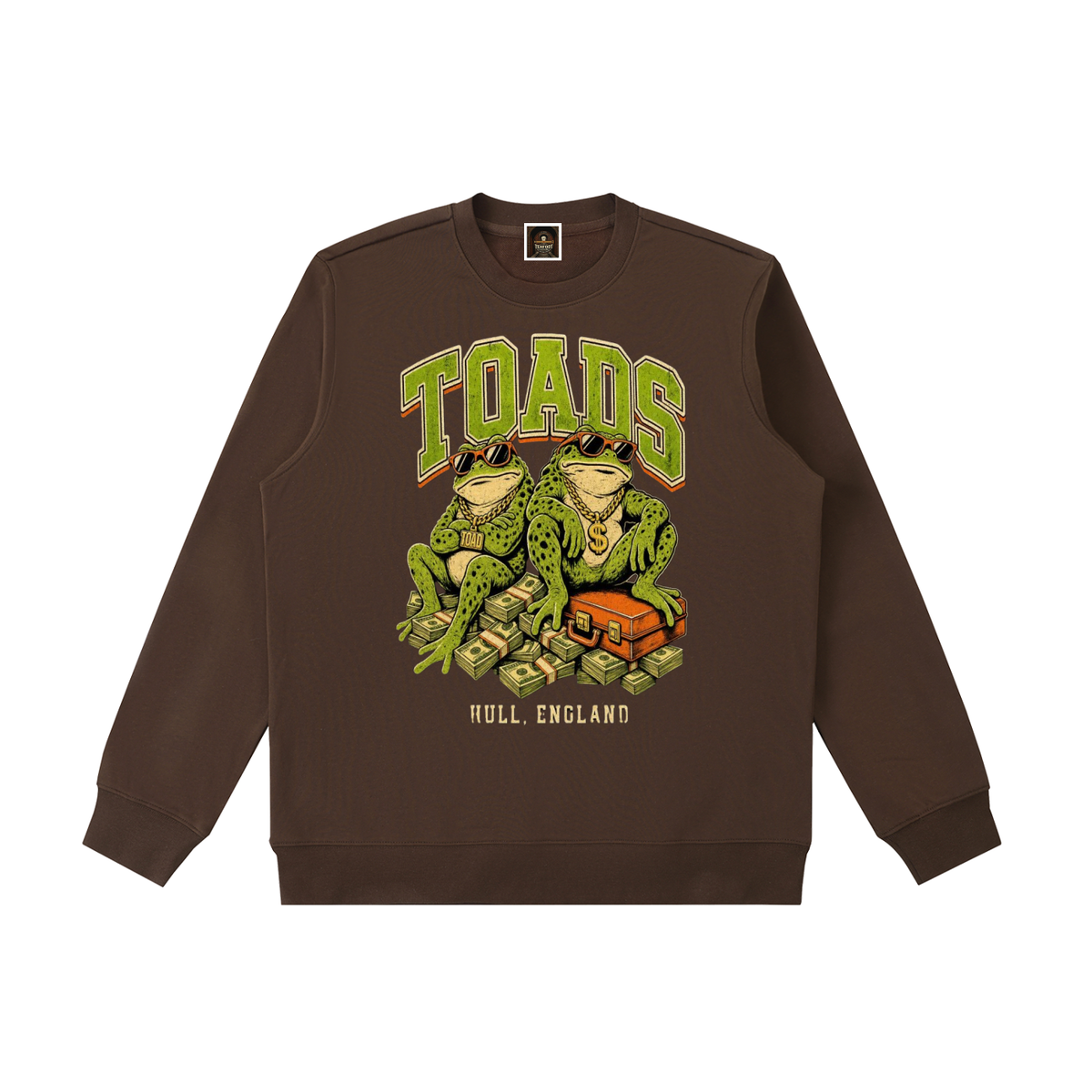 Heavyweight crewneck sweatshirt, brown, front with TOADS graphic and FULL ENGLAND text