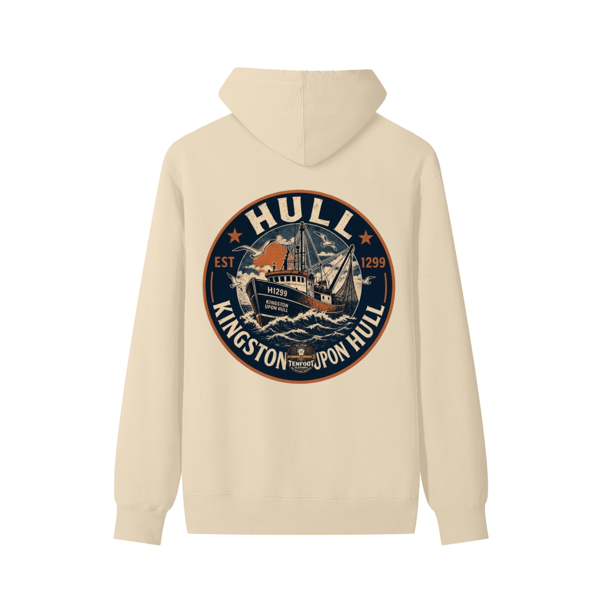 Unisex cotton hoodie in beige/khaki with back graphic logo and hood drawstrings.