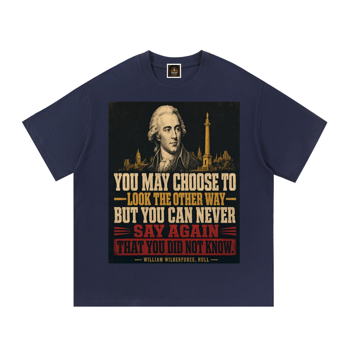 Navy blue cotton T-shirt with front graphic print featuring a portrait and city skyline