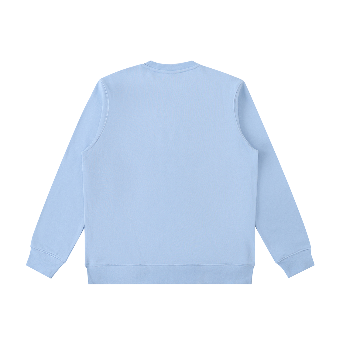 Sky blue crewneck sweatshirt, back view with ribbed cuffs and hem