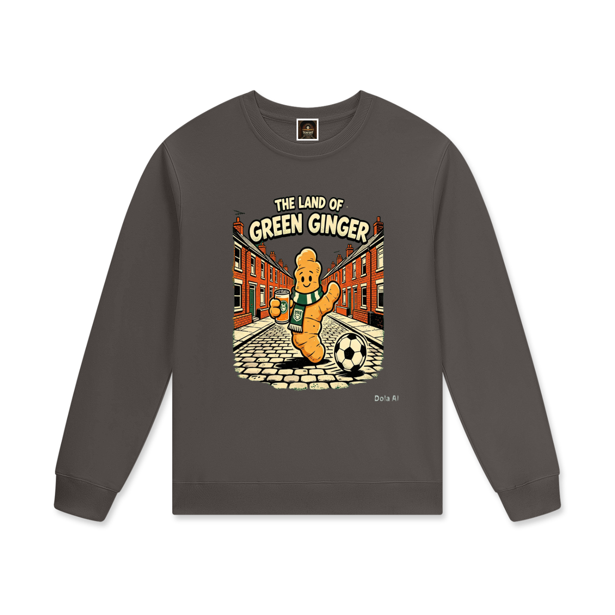 Unisex cotton pullover, dark charcoal, long sleeve crew neck with front graphic print