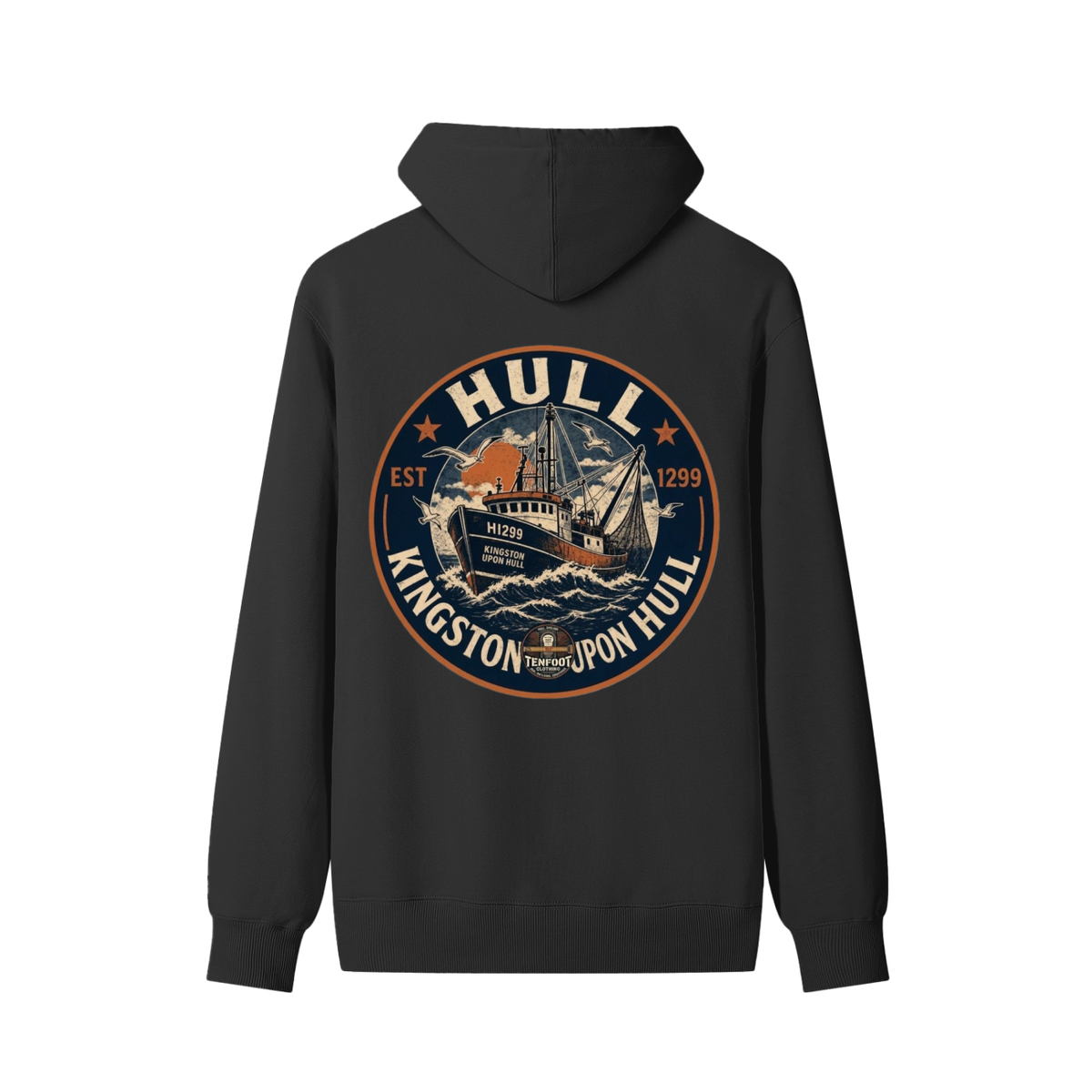Unisex cotton hoodie in dark gray/black with back graphic logo, hood drawstrings.