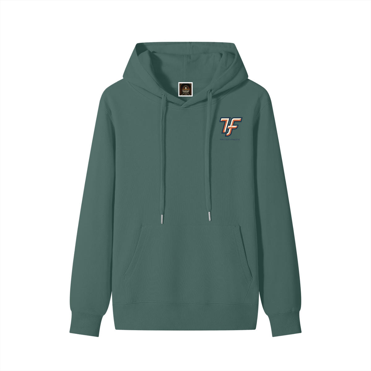 Green unisex cotton hoodie with hood, drawstrings, front pocket, and 7F logo