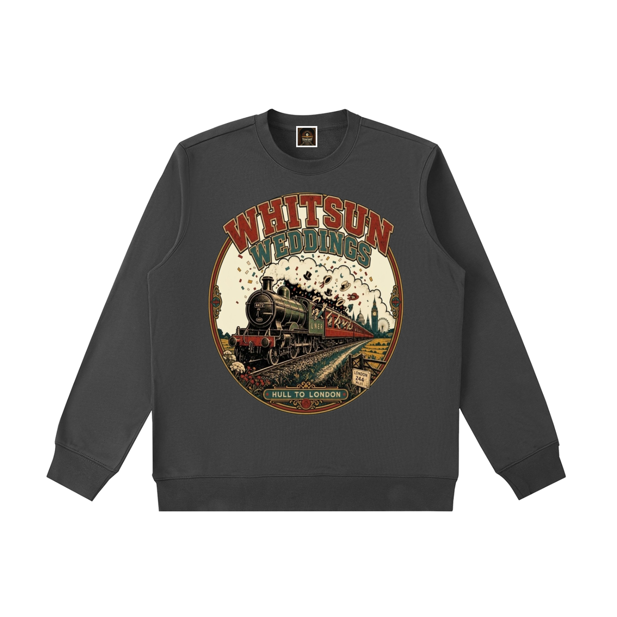 Dark gray heavyweight crewneck sweatshirt with large vintage train graphic on front