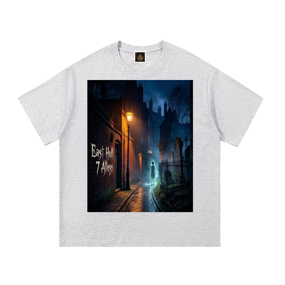 Light gray cotton T-shirt with crew neck, short sleeves, and front graphic print