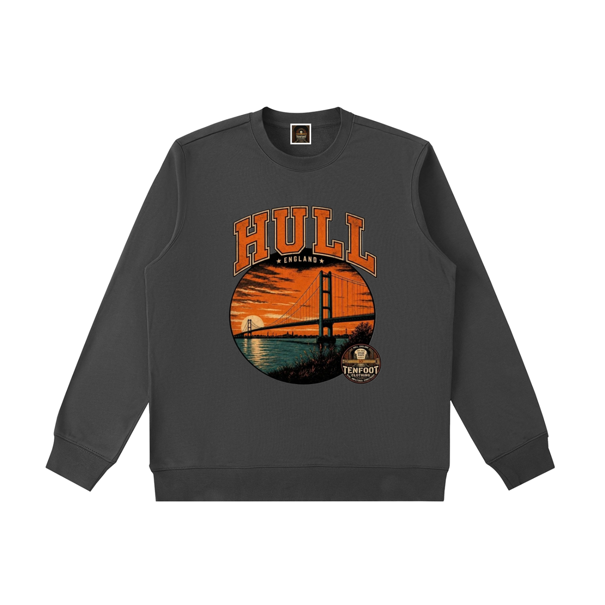 Heavyweight crewneck sweatshirt, black, front graphic with HULL and bridge