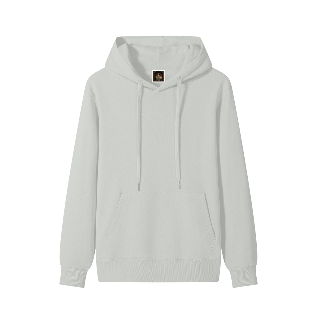 Unisex cotton hoodie with front kangaroo pocket, drawstring hood, light colorway.