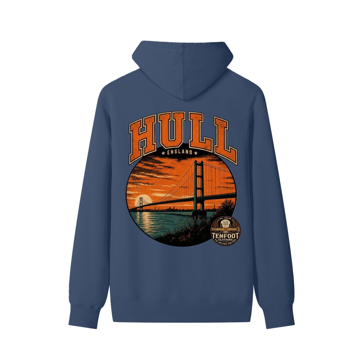 Ink blue unisex cotton hoodie with large chest graphic, hood and drawstring, kangaroo pocket