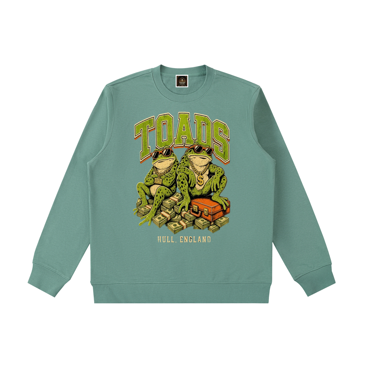 Heavyweight crewneck sweatshirt, green, front with TOADS graphic and FULL ENGLAND text