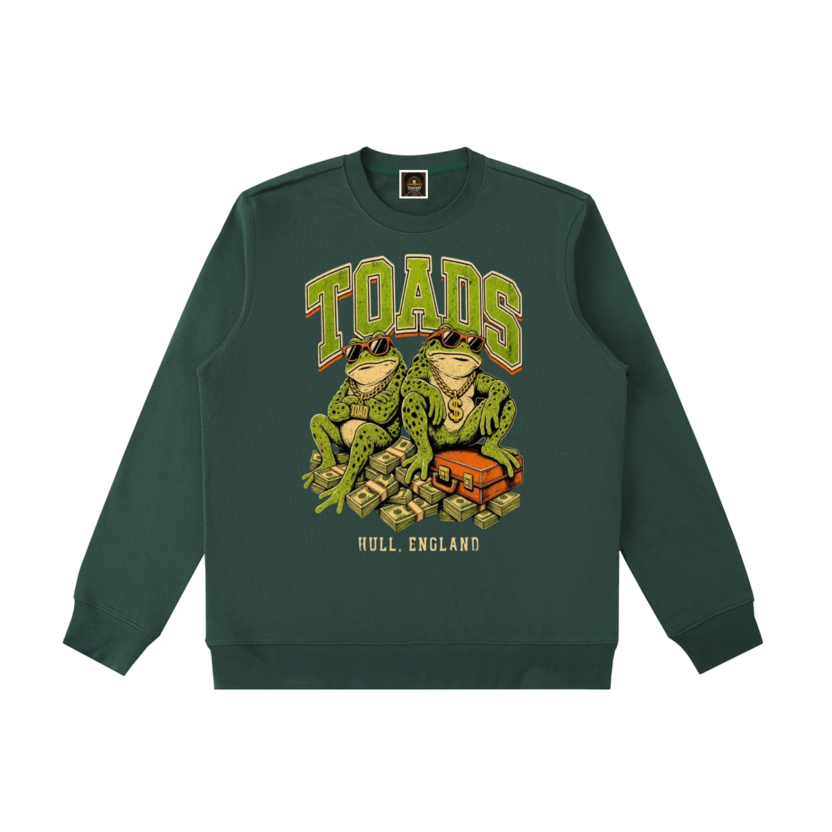 Heavyweight crewneck sweatshirt, dark green, front with TOADS graphic and FULL ENGLAND text