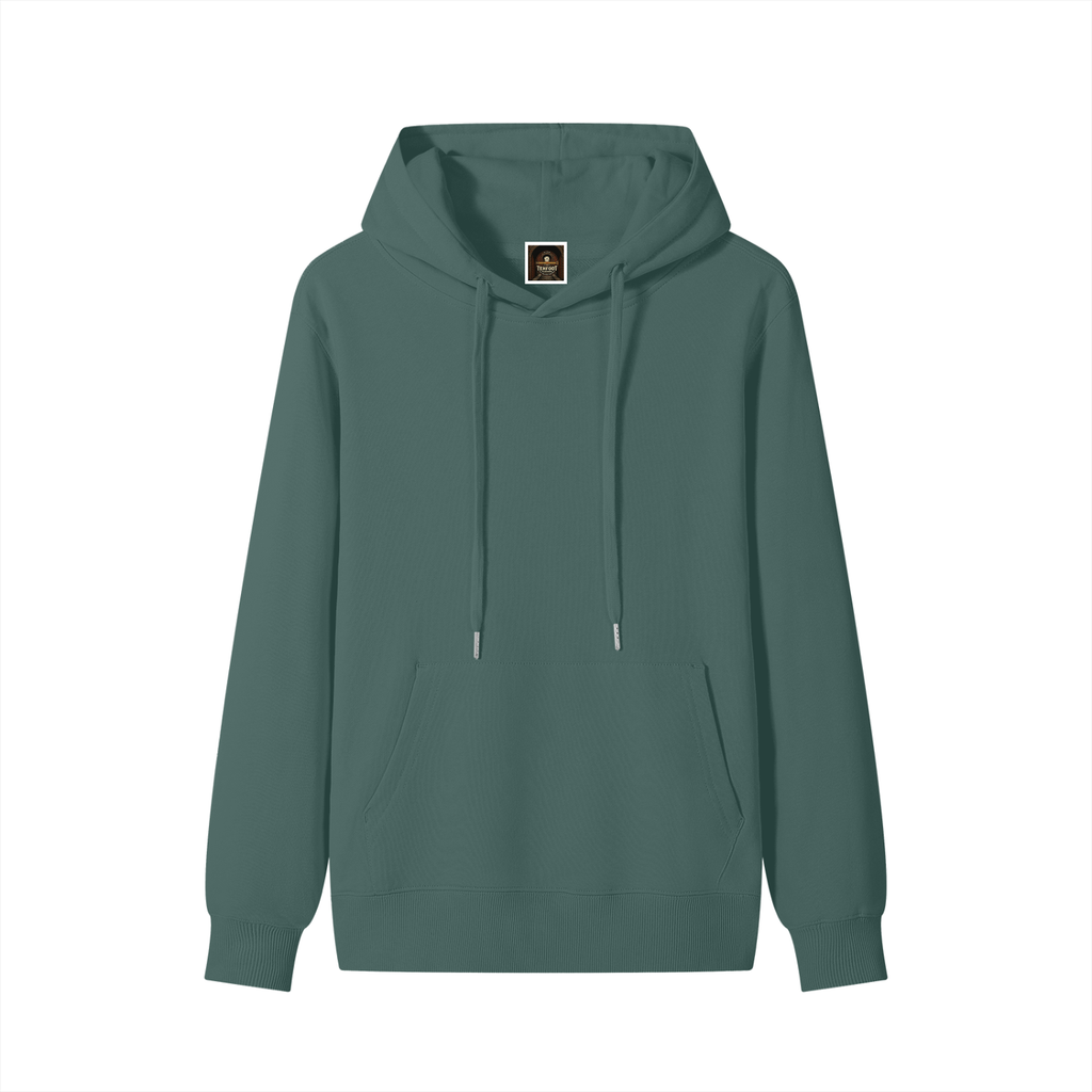Unisex cotton hoodie in green, front pouch pocket, adjustable hood with drawstrings