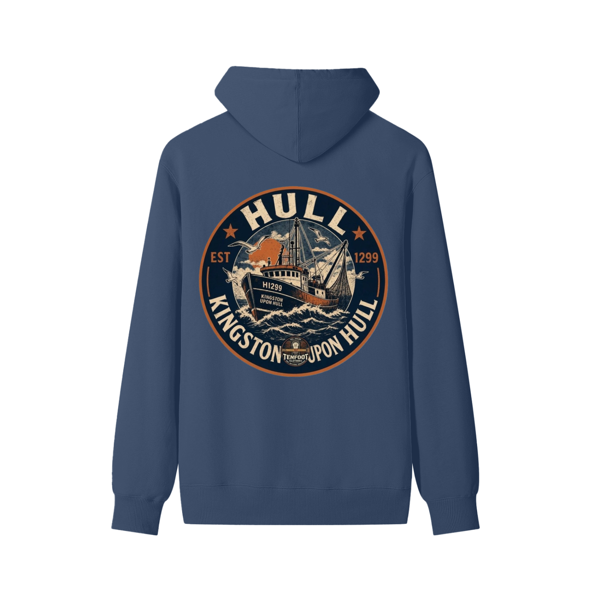 Unisex cotton hoodie in blue with large back logo graphic and drawstring hood