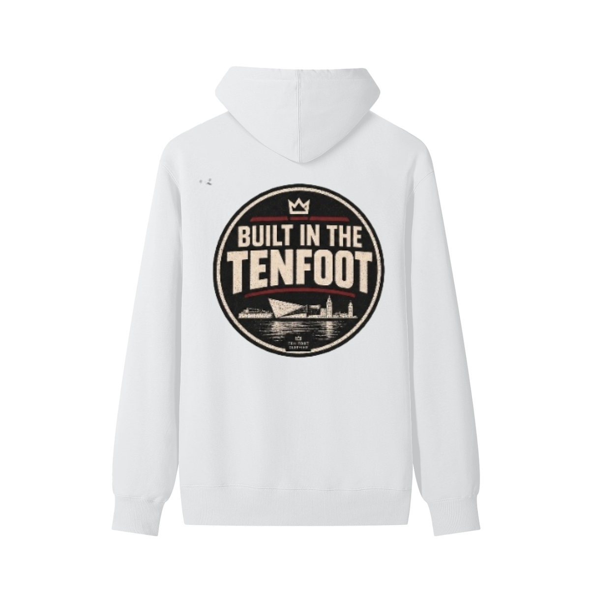 Unisex cotton hoodie, white, back view with large "BUILT IN THE TENFOUT" logo.