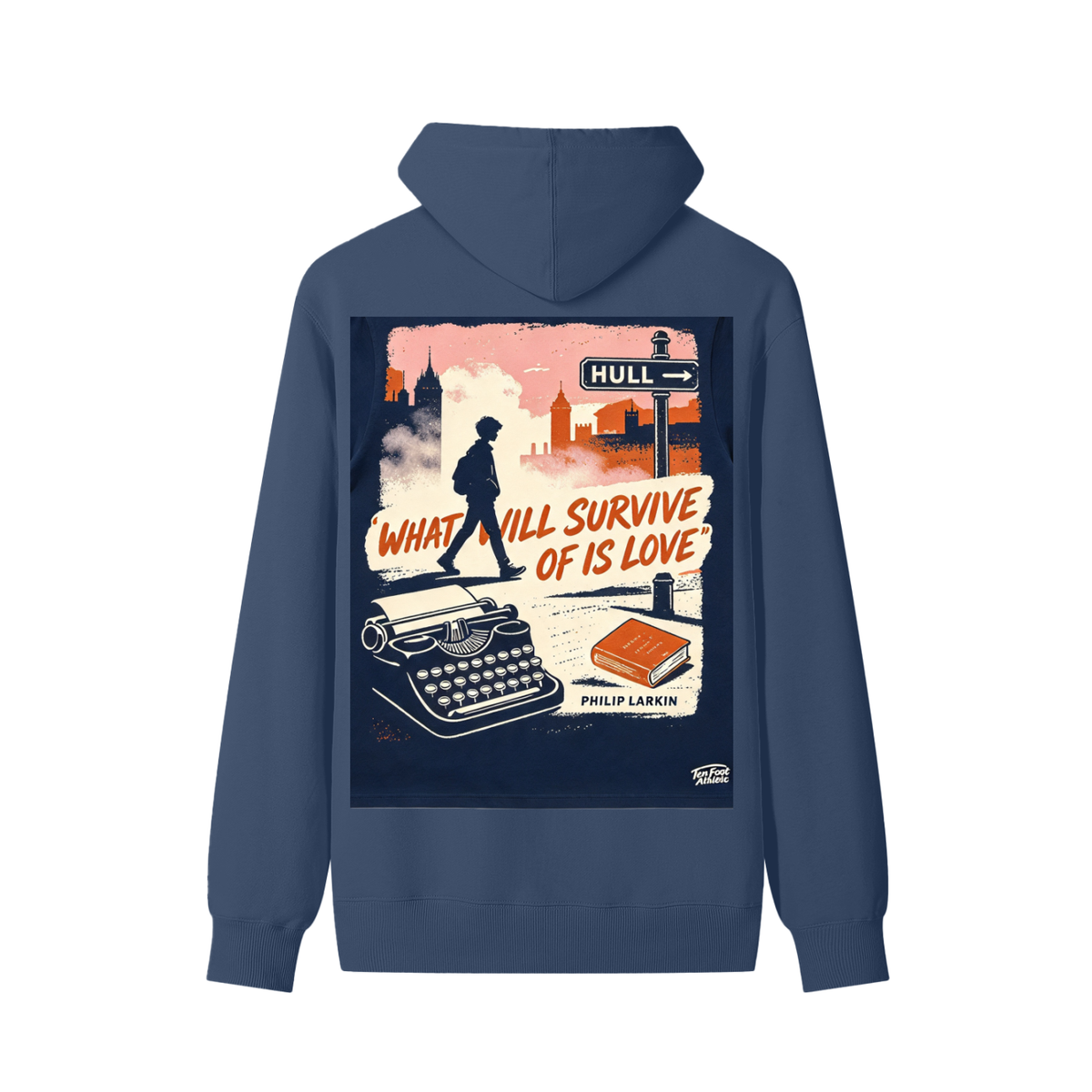 Unisex cotton hoodie in blue with large back graphic, hood and front pouch pocket