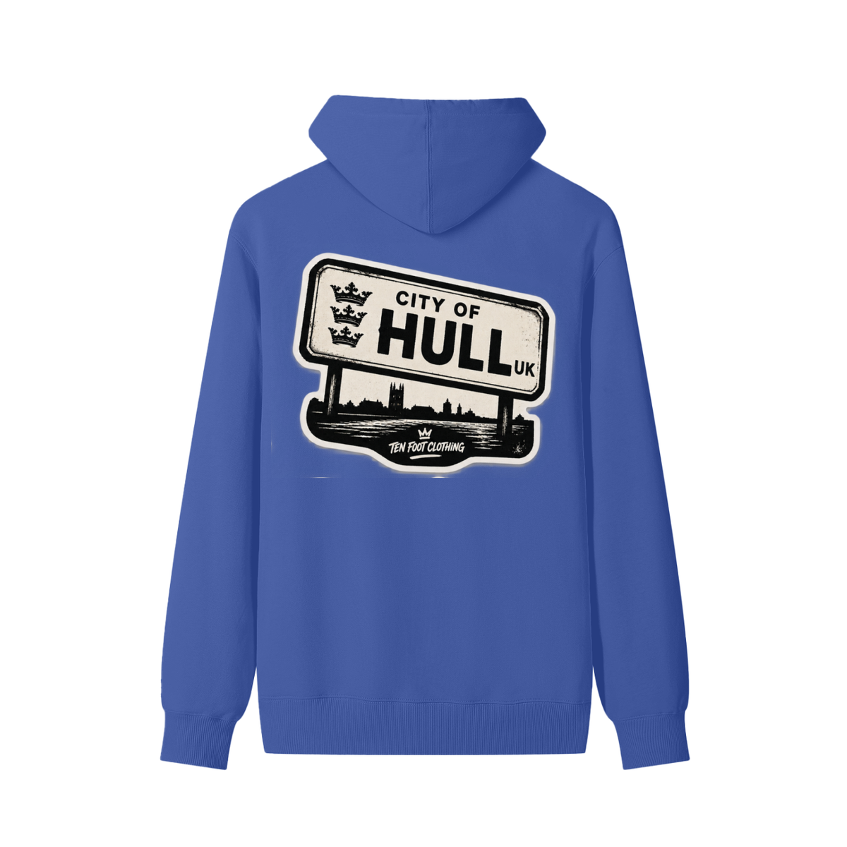 Blue unisex cotton hoodie, back road sign graphic reading "CITY OF HULL"