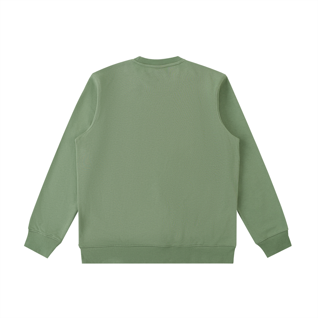 Olive green heavyweight crewneck sweatshirt, back view