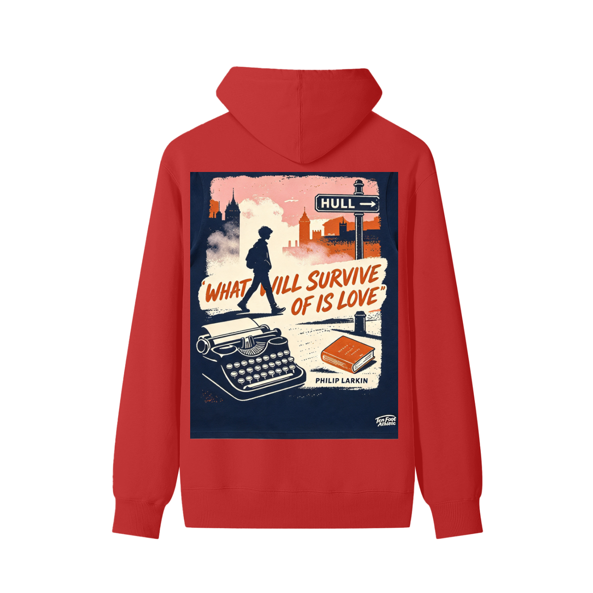 Unisex cotton hoodie in red with front graphic print, hood and drawstring