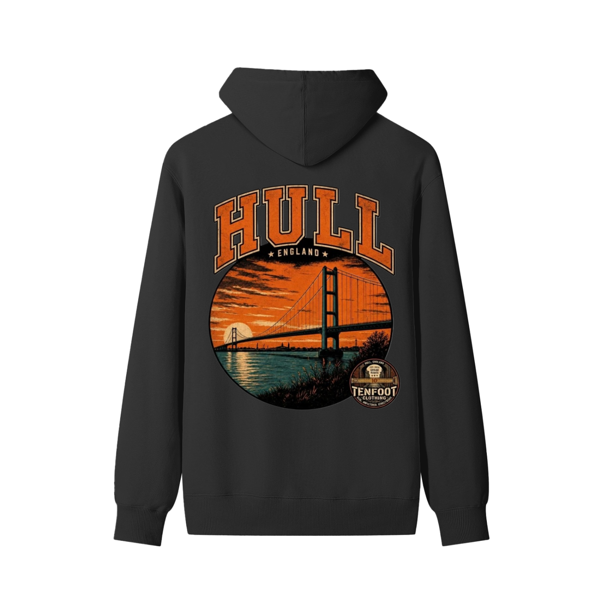 Classic black unisex cotton hoodie with large chest graphic, hood and drawstring, kangaroo pocket