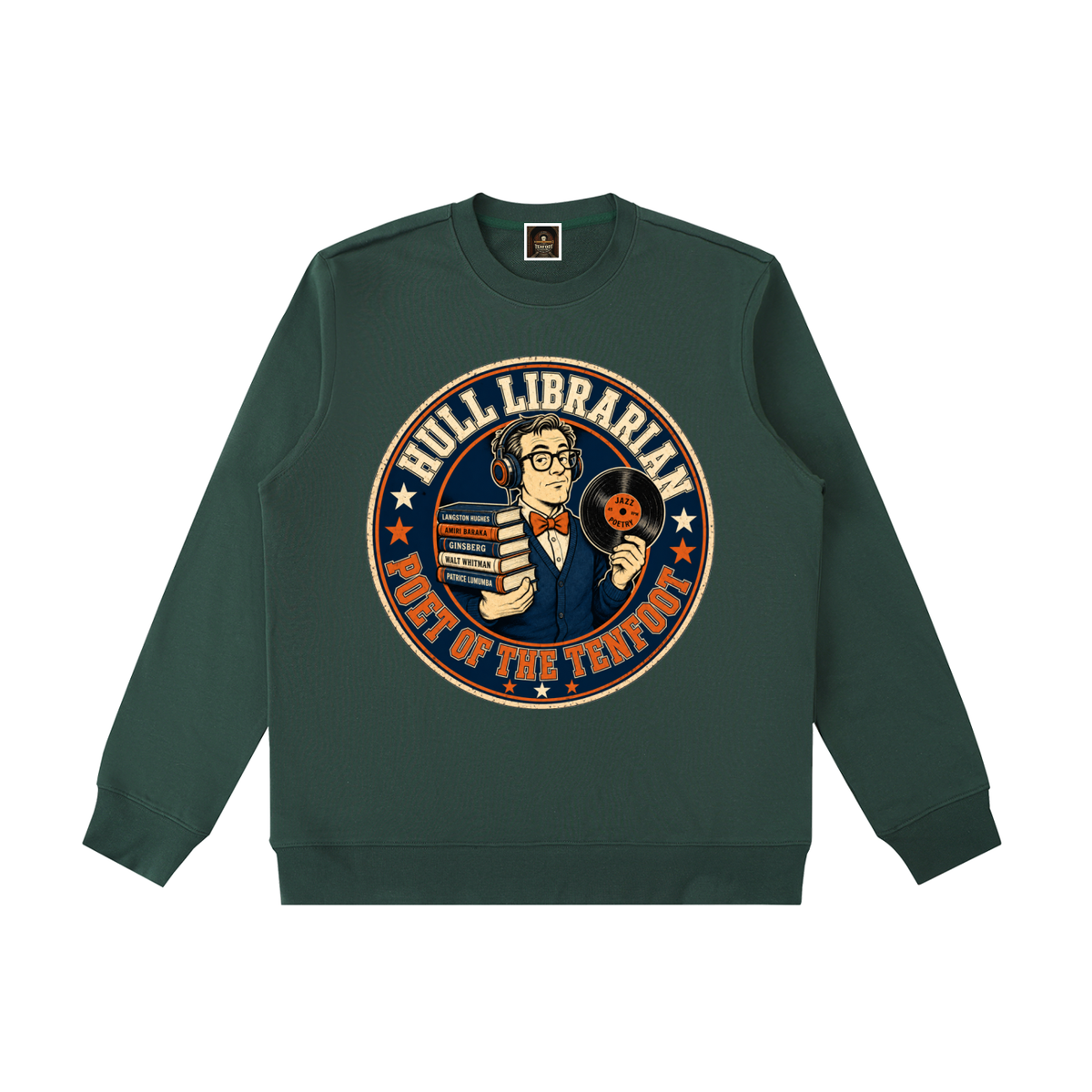 Dark green heavyweight crewneck sweatshirt with circular librarian graphic on chest