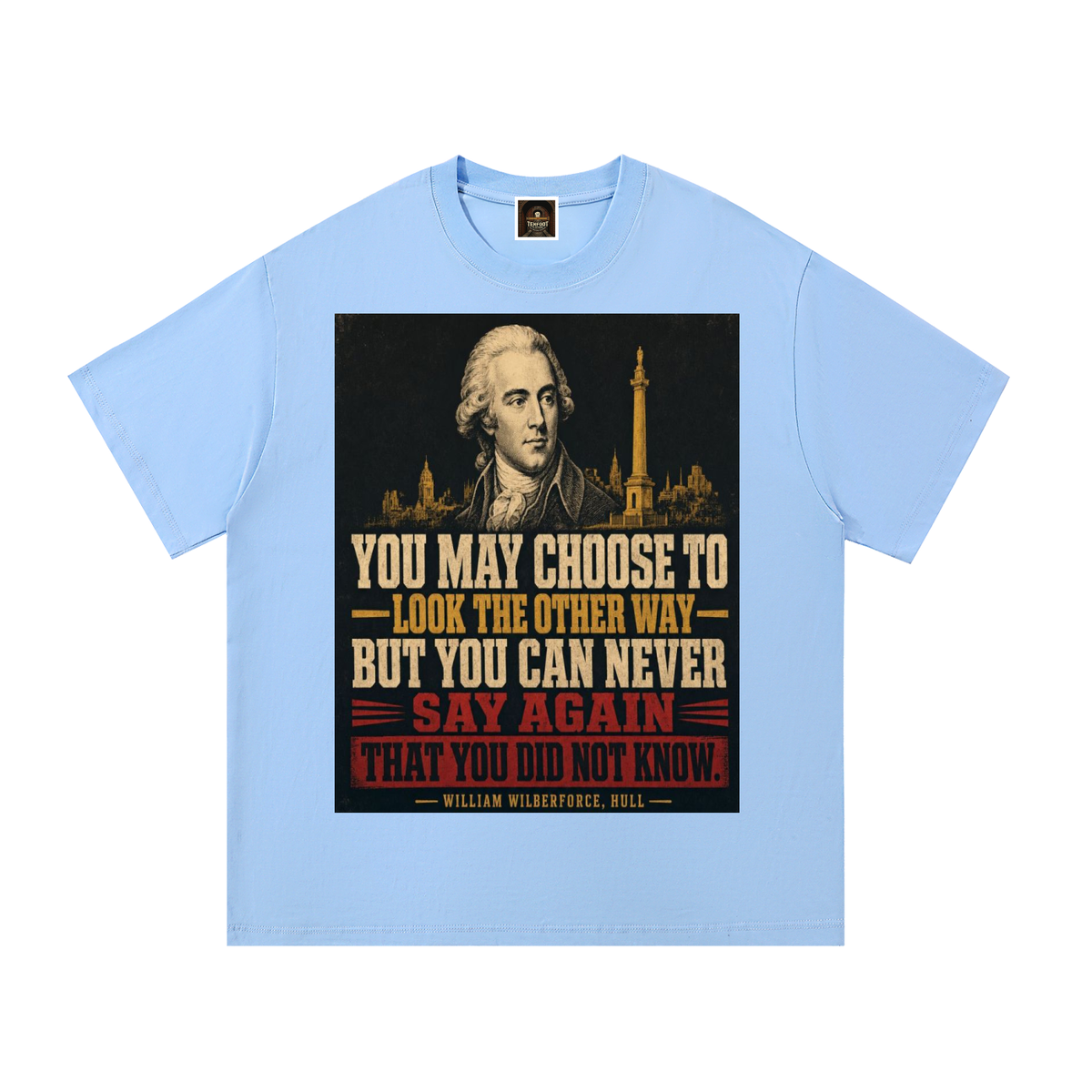Light blue cotton T-shirt with front graphic print of a man and city silhouette
