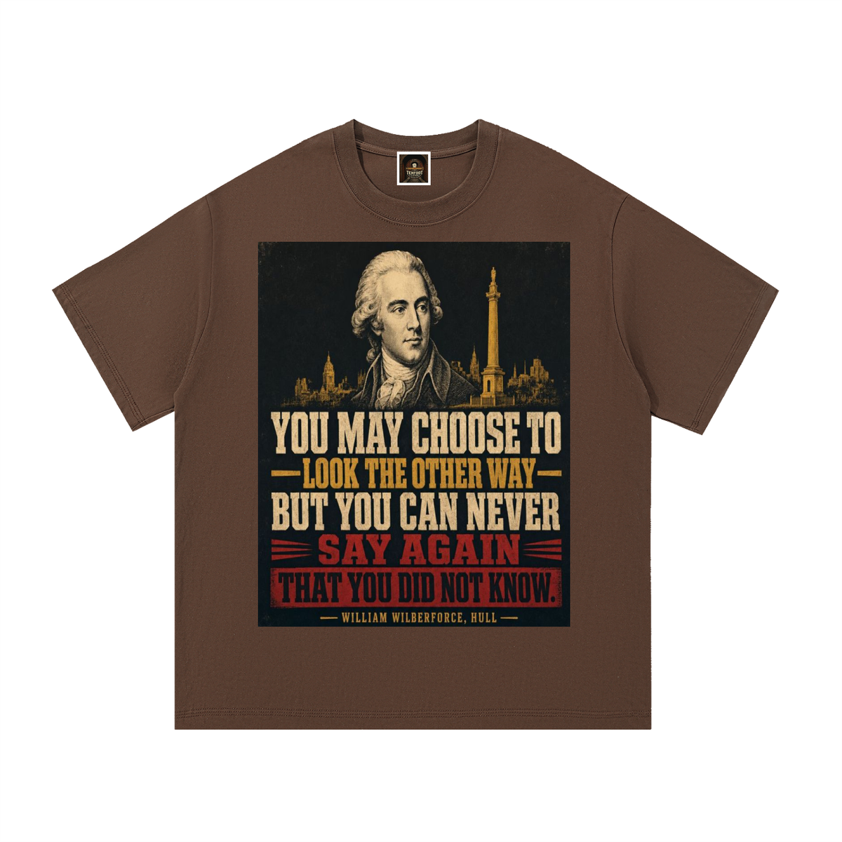 Brown cotton T-shirt with front graphic print featuring a portrait and city skyline