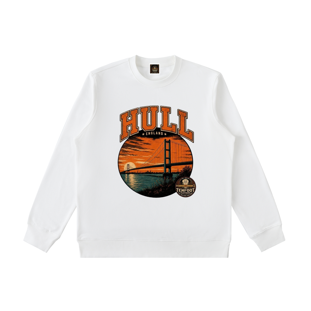 Heavyweight crewneck sweatshirt in white with circular Hull bridge graphic on chest
